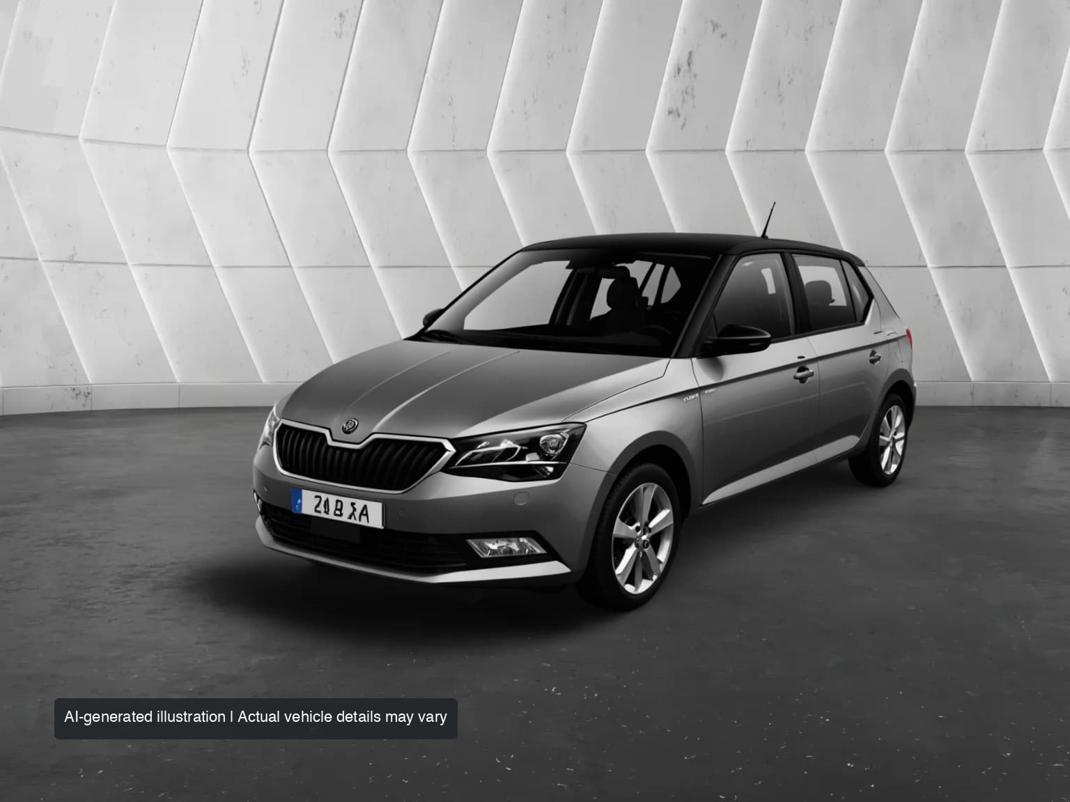 AI-generated illustration: metallic grey Skoda Fabia, front three-quarter view; actual stock may vary.