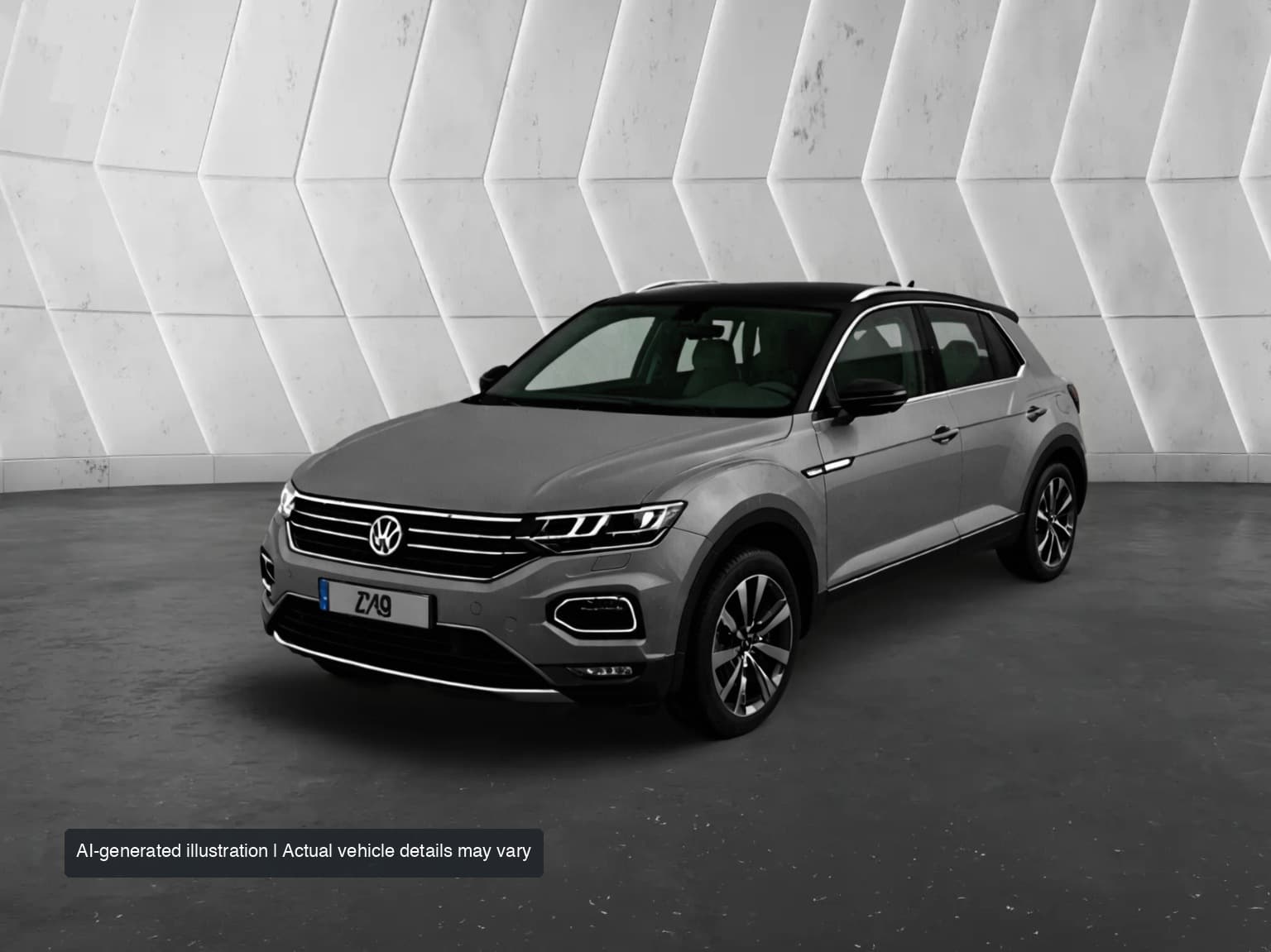 AI-generated illustration: metallic grey Volkswagen T-Roc, front three-quarter view; actual stock may vary.