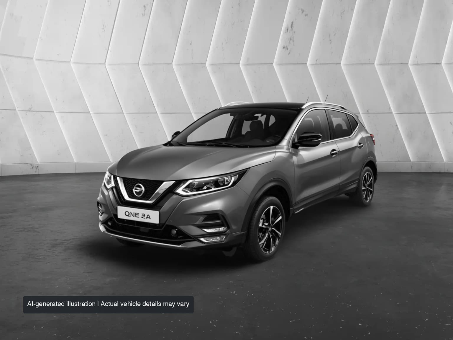 AI-generated illustration: metallic grey Nissan Qashqai, front three-quarter view; actual stock may vary.