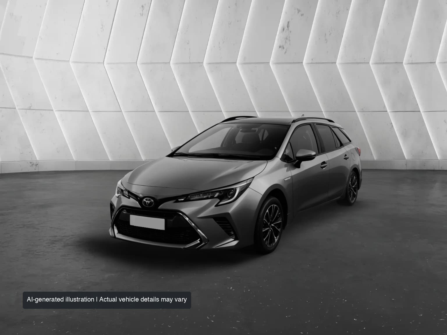 AI-generated illustration: metallic grey Toyota Corolla Touring Sports, front three-quarter view; actual stock may vary.