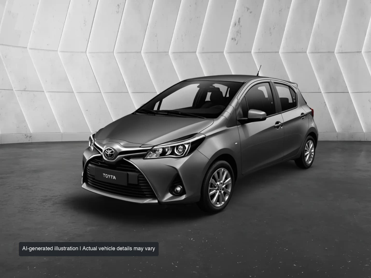 AI-generated illustration: metallic grey Toyota Yaris, front three-quarter view; actual stock may vary.